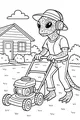 Free Alien Coloring Page - Boy Mowing the Lawn in Headphones (Printable PDF)