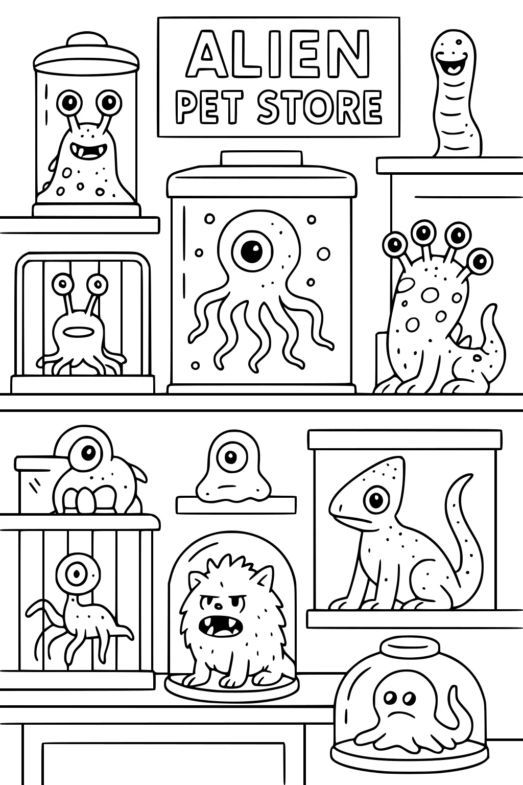 Alien pet store with jars and cages holding one-eyed octopus aliens, five-eyed spotted creature, slug, lizard, and shaggy monster.