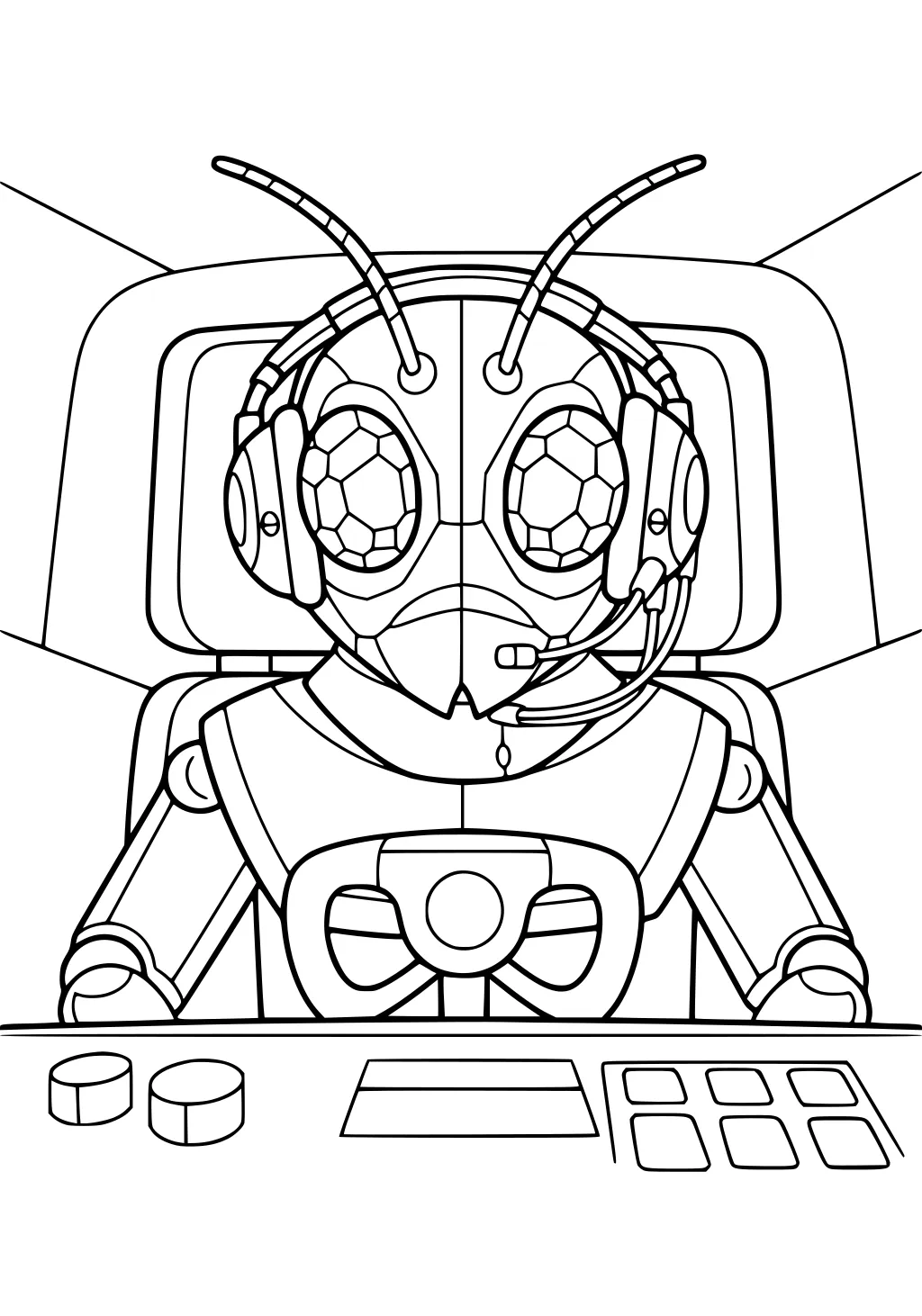 Alien girl pilot with antennae and headset in a UFO cockpit, hexagon eyes, steering wheel, two knobs, and square buttons.