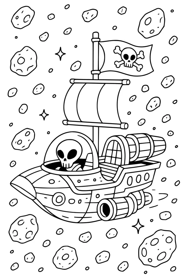 Free Alien Pirate Spaceship Coloring Page - Captain Skull's Spaceboat Parade (Printable PDF)