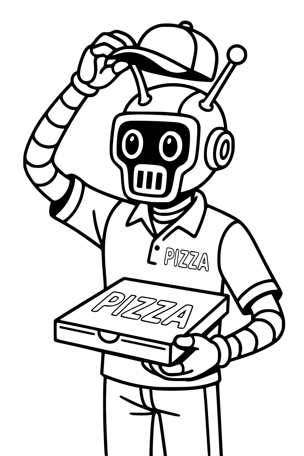 Alien robot in a cap holds a pizza box, tipping the hat with a striped arm; PIZZA on shirt and box, bold cartoon lines.