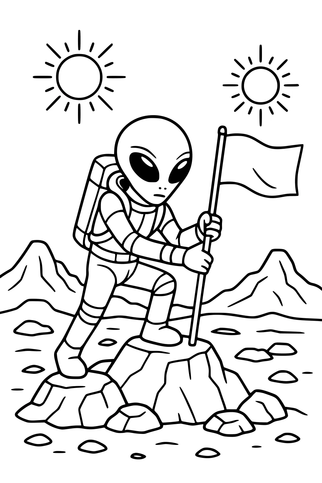 Alien in a spacesuit planting a flag on a rocky planet with two suns, mountains, craters, and scattered stones.