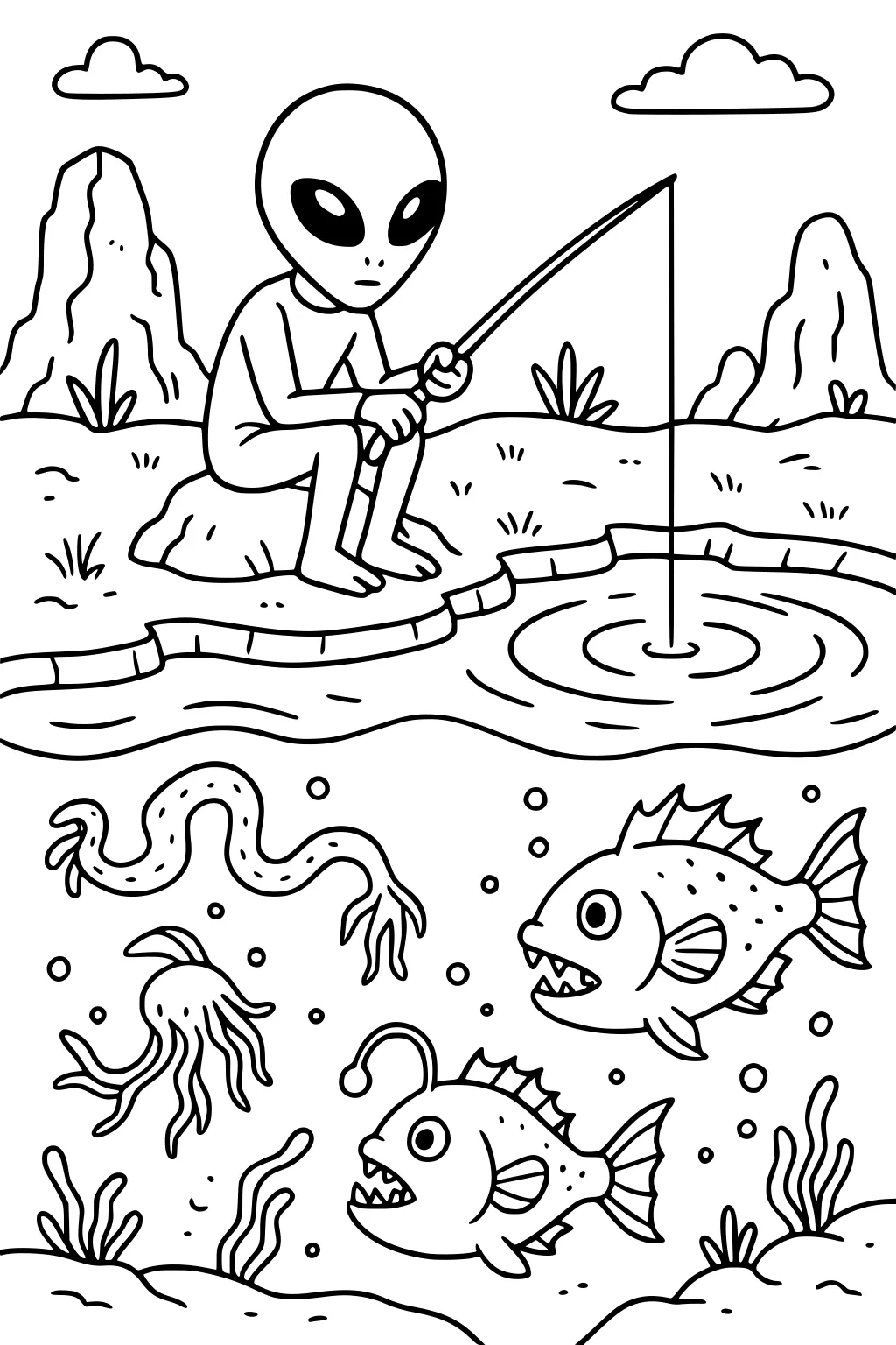 Alien boy fishing at a pond on rocky planet; below water, two anglerfish, jellylike creatures, plants, bubbles, and ripples.