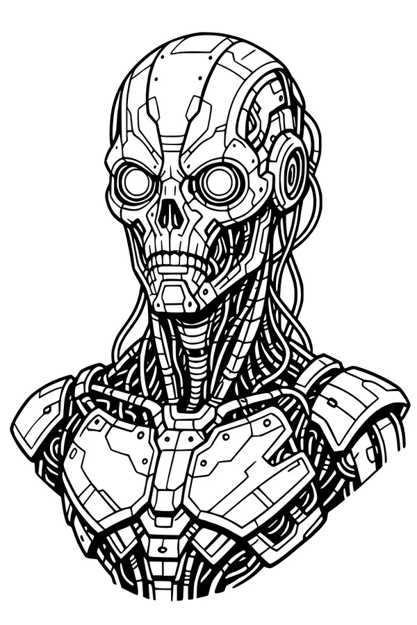 Free Alien Robot Coloring Page - Cyborg Bust With Armor Plates (Printable PDF)