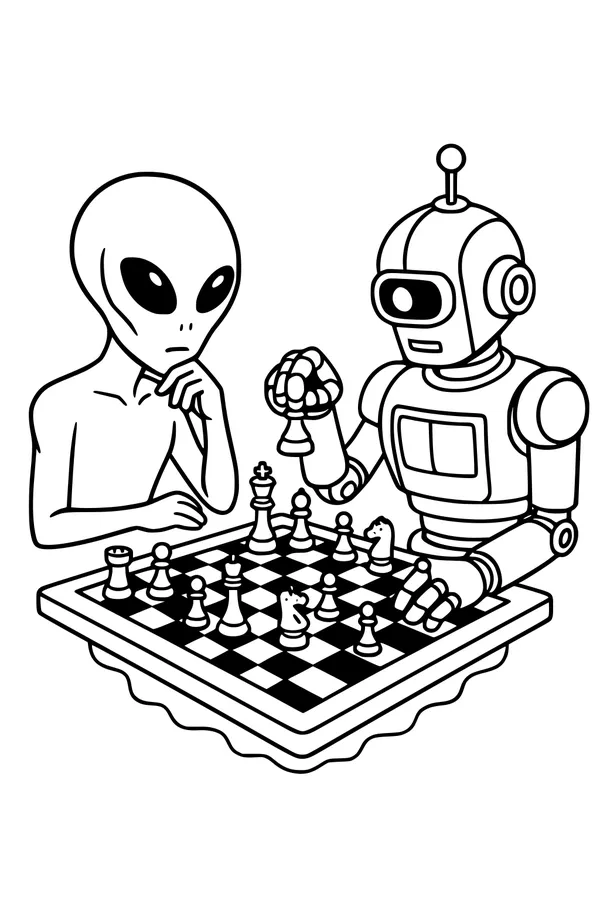 Free Alien And Robot Coloring Page - Space Chess Game Friends (Printable PDF)