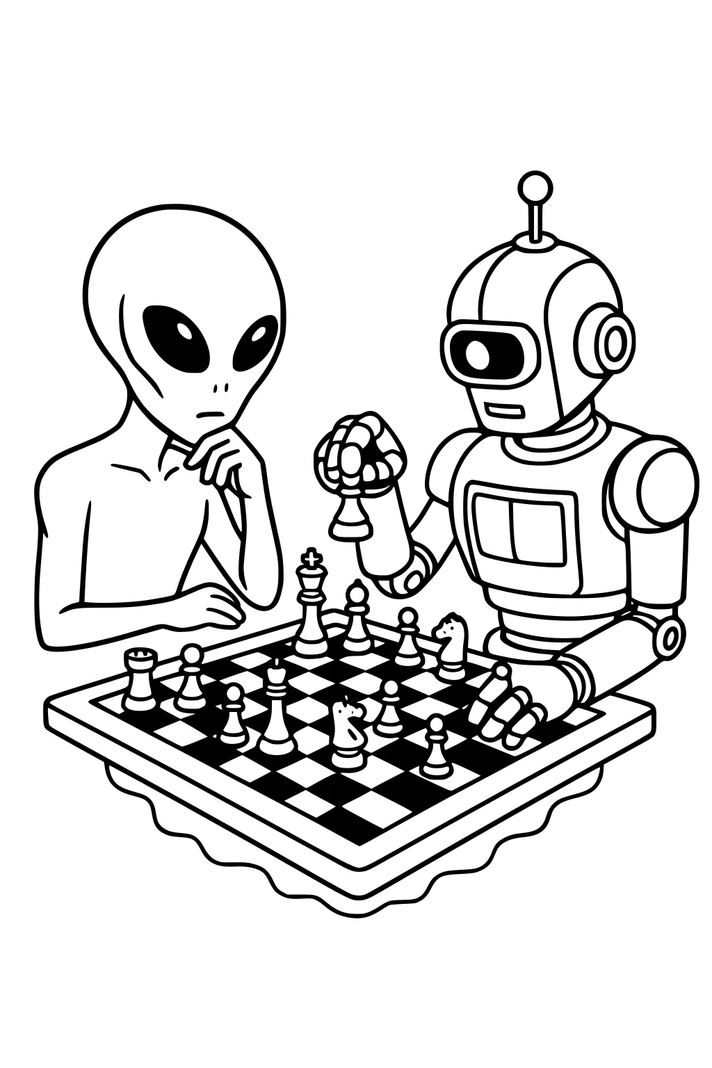 Alien and robot play chess at a small table; robot holds a piece, alien thinks with hand on chin; checkered board and pieces.
