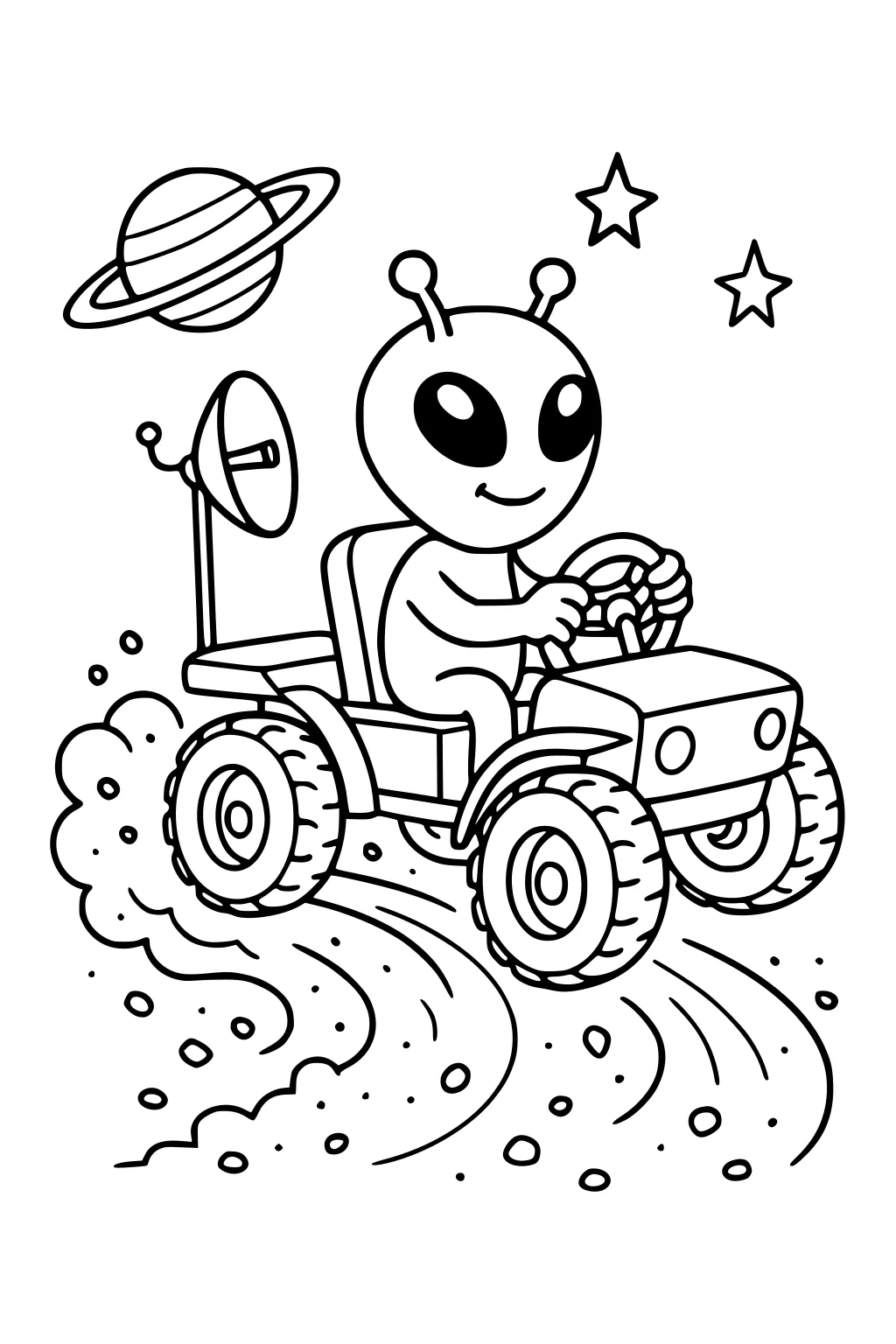 Smiling alien with antennae driving a small rover with big tires, dish antenna on back, stars and a ringed planet above.