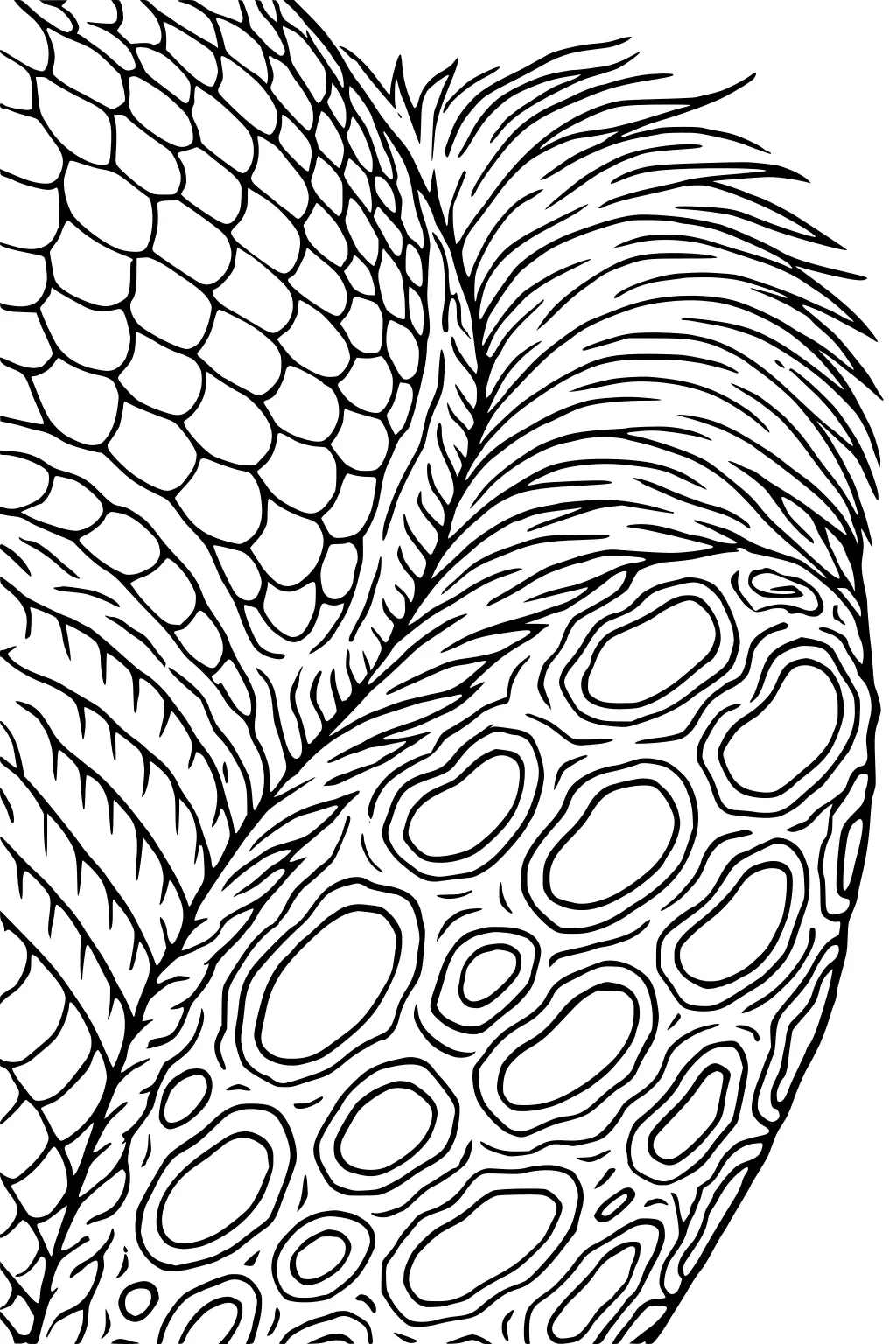 Close-up line art of an alien creature with scaly skin, a shaggy fur stripe, and many oval spots and ridges.