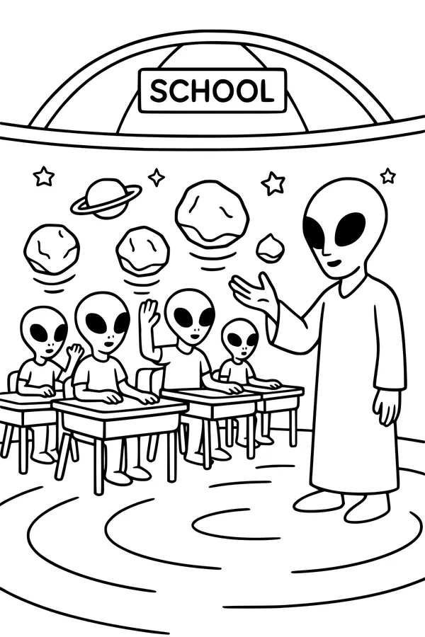 Free Alien School Coloring Page - UFO Classroom With Teacher and Students (Printable PDF)