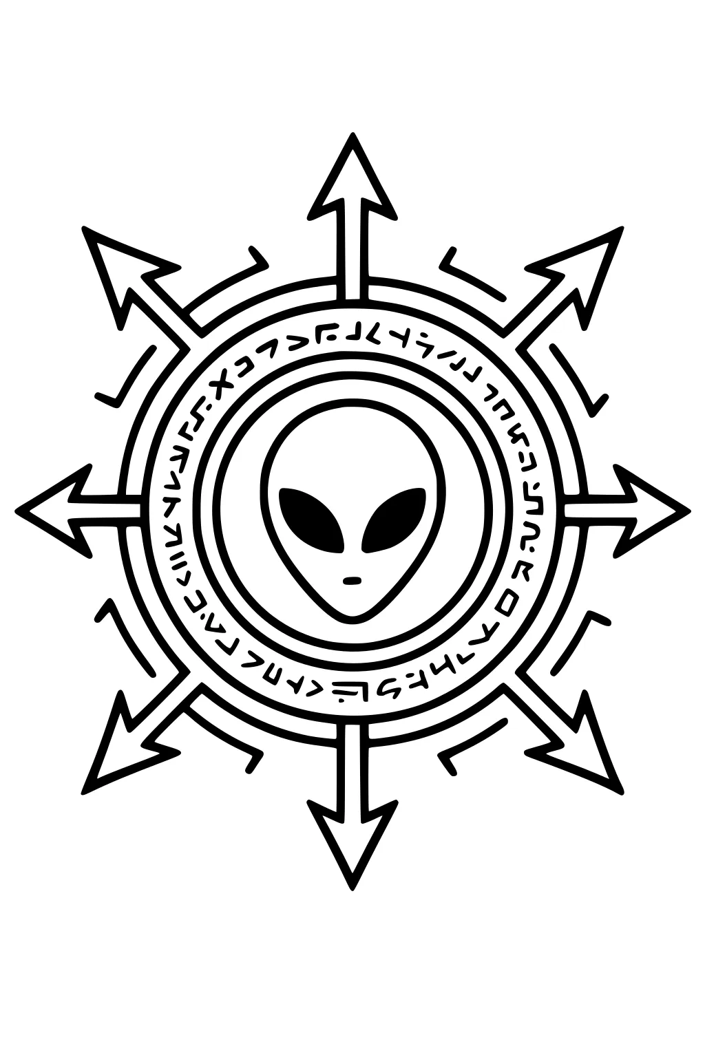 Alien face inside circular emblem with glyphs and eight outward arrows like a compass, bold black outlines.