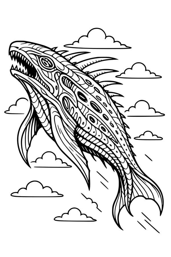 Free Alien Flying Fish Coloring Page - Sky Swimmer Above the Clouds (Printable PDF)
