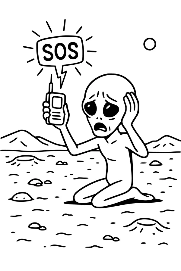 Free Alien Coloring Page - Lost Cartoon Alien Calling SOS (Printable PDF)