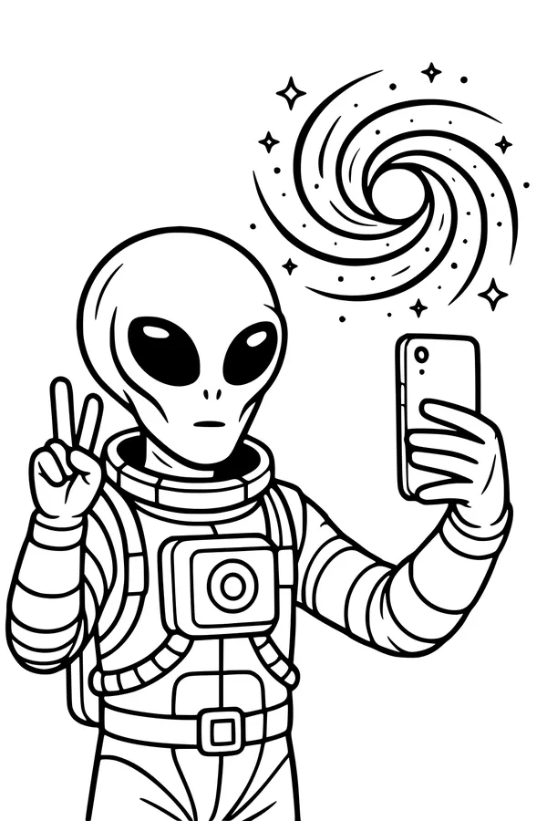 Free Alien Coloring Page - Space Selfie With Spiral Galaxy (Printable PDF)