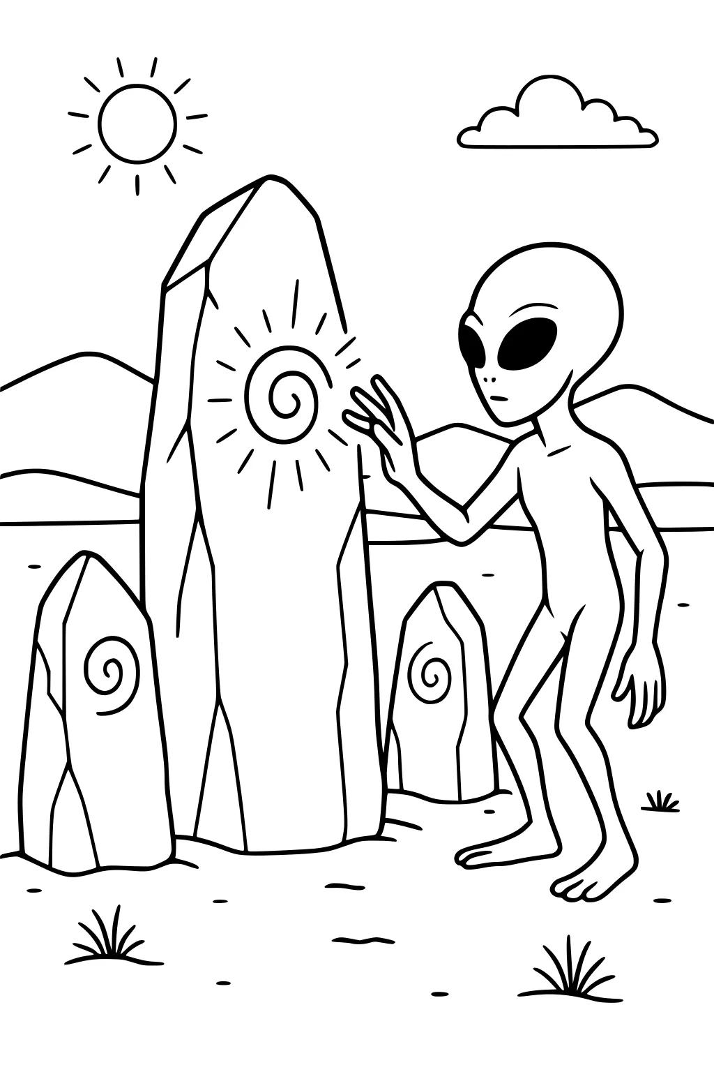 Alien boy touches tall spiral-marked stone among smaller rocks, with desert hills, sun, a cloud, and grass tufts.