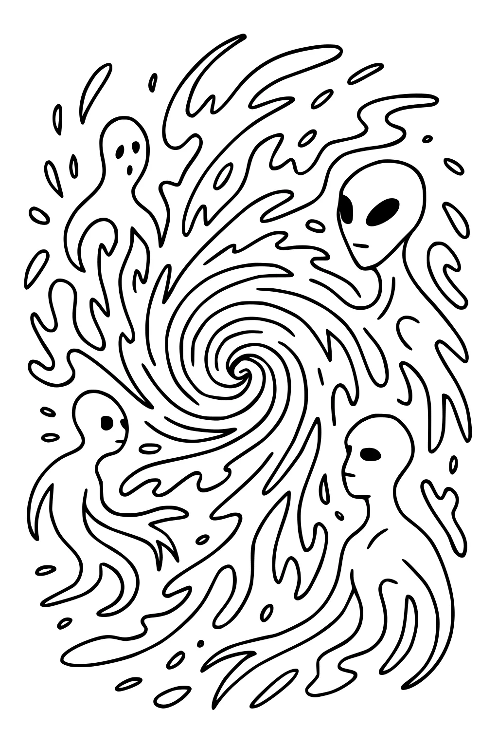 Four big-eyed aliens float around a spiral vortex with splashy shapes, drawn in bold black lines for kids to color.