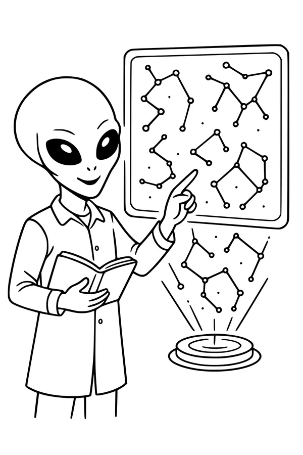 Free Alien Teacher Coloring Page - Mapping the Stars in Class (Printable PDF)