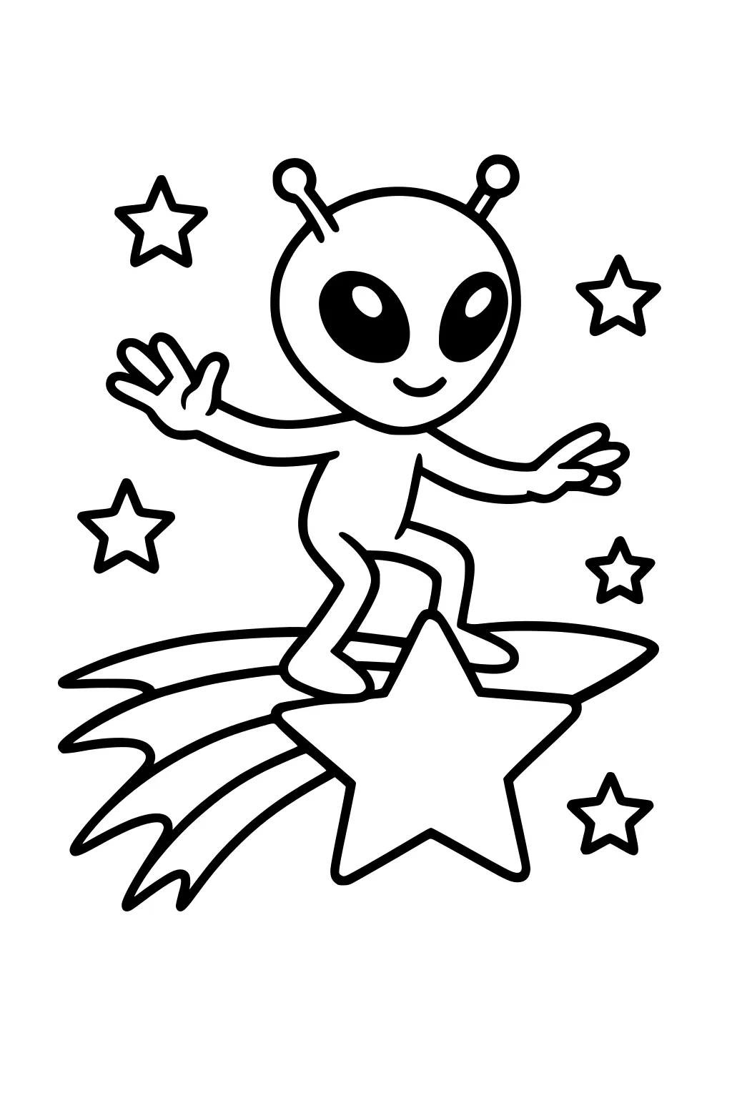 Smiling cartoon alien with antennae surfing on a shooting star, waving, with star trail lines and small stars around him.