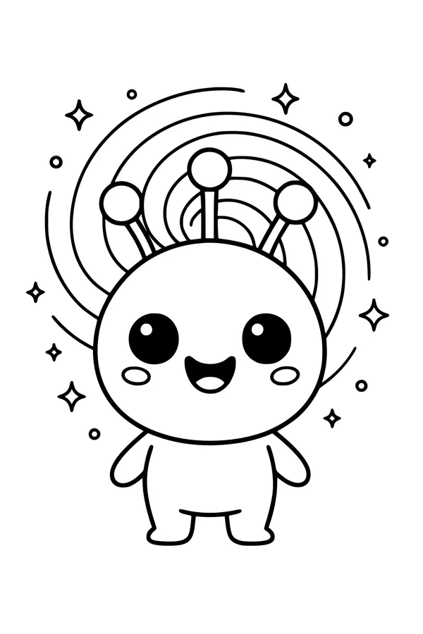 Free Alien Coloring Page - Smiling Space Buddy With Starry Spirals (Printable PDF)