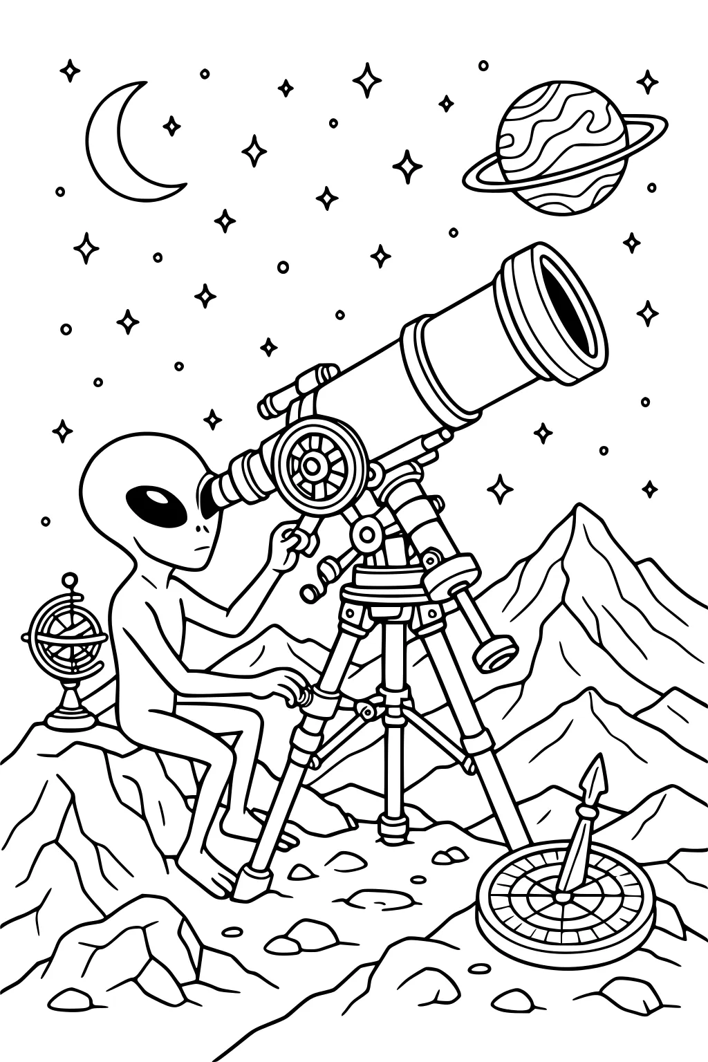 Alien using a telescope on rocks; stars, crescent moon, ringed planet above; mountains, armillary sphere, and a compass.
