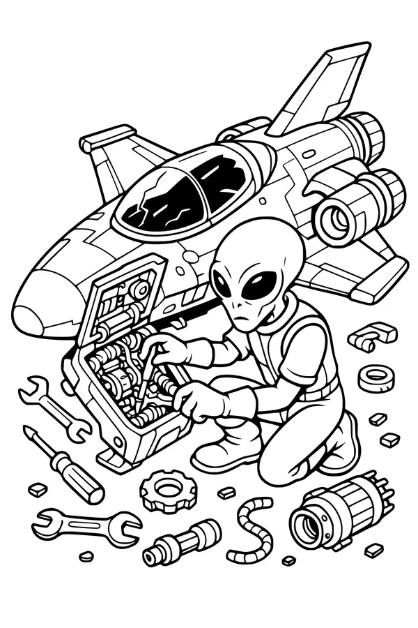 Free Alien Mechanic Coloring Page - Fixing a UFO Starship Engine (Printable PDF)
