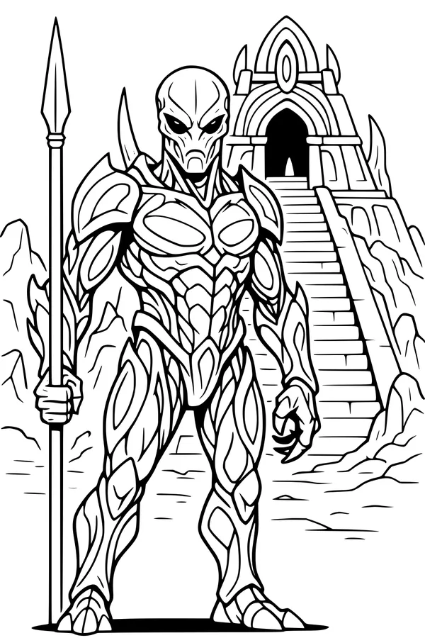 Free Alien Guard Coloring Page - Warrior at Sky Temple (Printable PDF)