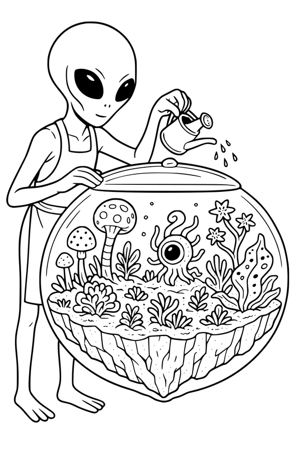 Free Alien Gardener Coloring Page - Watering a Bubble Terrarium (Printable PDF)