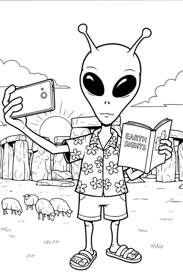 Free Alien Tourist Coloring Page - Space Visitor at Stonehenge Selfie (Printable PDF)