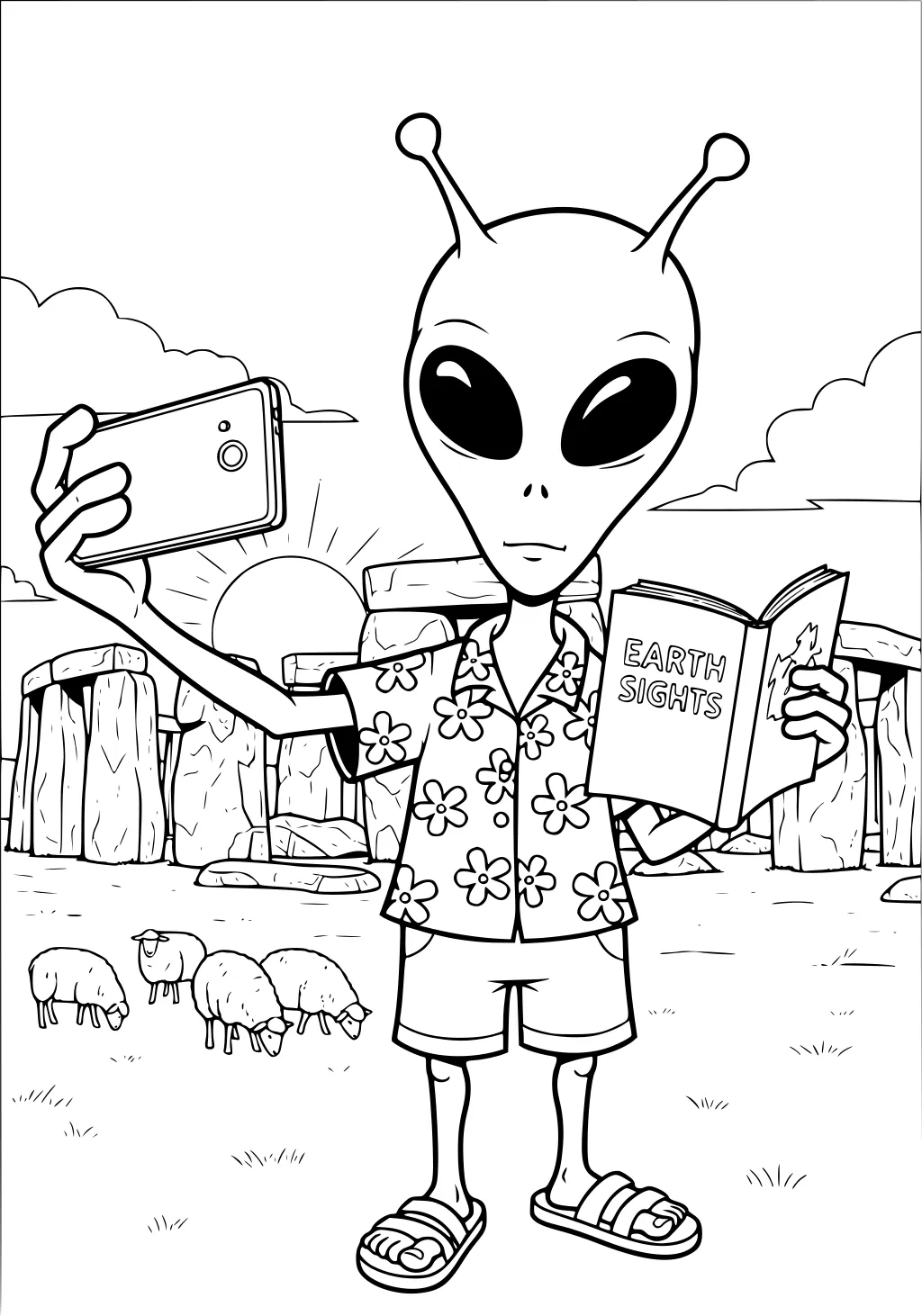 Alien tourist in flower shirt takes a selfie at Stonehenge, holds an Earth Sights guidebook; sheep graze, sun behind stones.