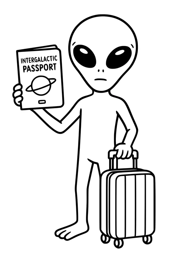 Free Alien Traveler Coloring Page - Passport Check in Space (Printable PDF)