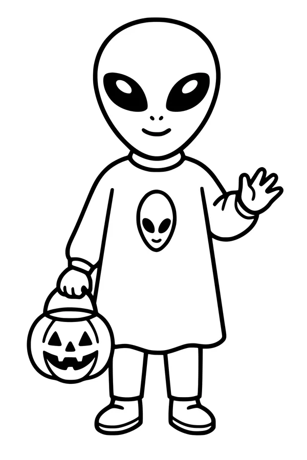 Free Alien Coloring Page - Halloween Trick-or-Treater With Pumpkin Pail (Printable PDF)