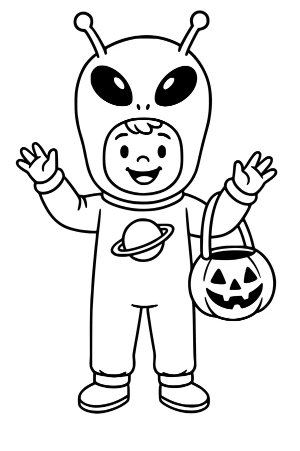 Free Alien Kid Halloween Coloring Page - Trick-or-Treat Costume Fun (Printable PDF)