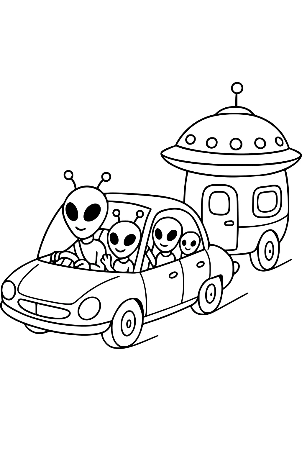 Alien family drives a car towing a UFO camper, dad at wheel, boy waving, mom and baby in back seats, bold outlines.