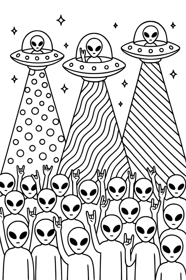 Free Alien Coloring Page - Crowd Under Glowing UFOs (Printable PDF)