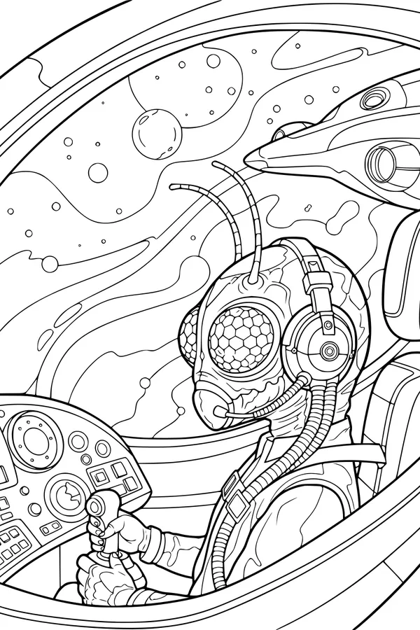 Free Alien Girl UFO Coloring Page - Space Bug Pilot in Cockpit (Printable PDF)