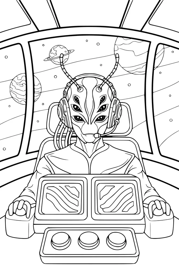 Free Alien Pilot Coloring Page - Captain Zuzu at the UFO Helm (Printable PDF)