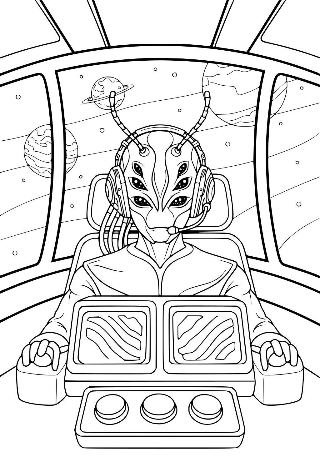 Alien pilot with many eyes in UFO cockpit, hands on controls, two screens, three buttons, window shows planets and stars.