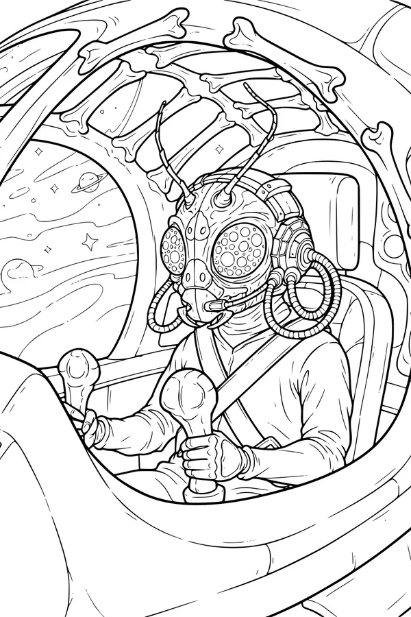 Free Alien Bug Pilot Coloring Page - UFO Cockpit Adventure (Printable PDF)