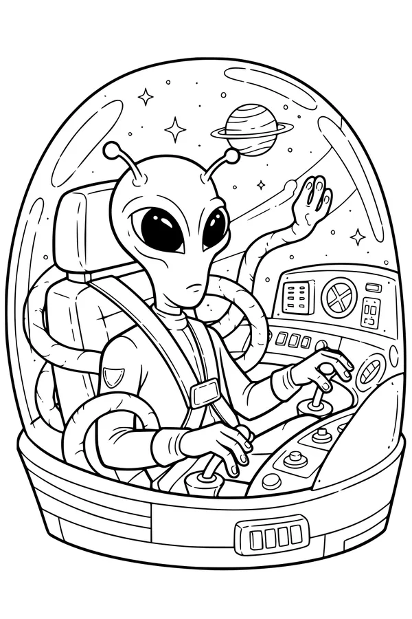 Free Alien UFO Coloring Page - Captain Zog Piloting a Starry Cockpit (Printable PDF)