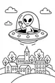Free Alien Coloring Page - Friendly UFO Over Cozy Town (Printable PDF)