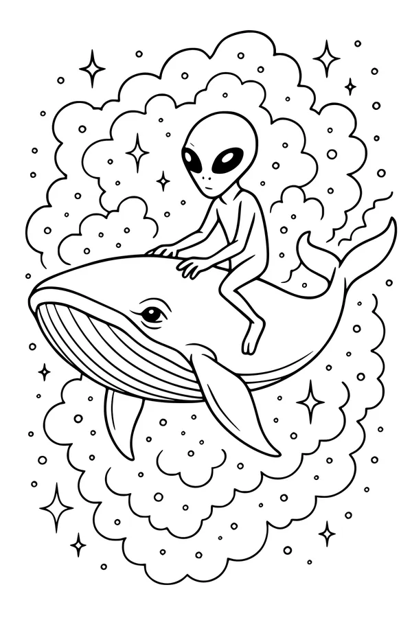 Free Alien Boy Coloring Page - Riding a Space Whale in the Stars (Printable PDF)