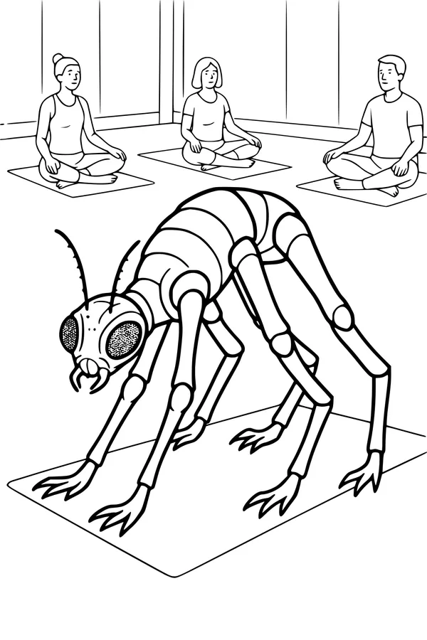Free Alien Coloring Page - Bug-Like Space Friend Doing Yoga (Printable PDF)