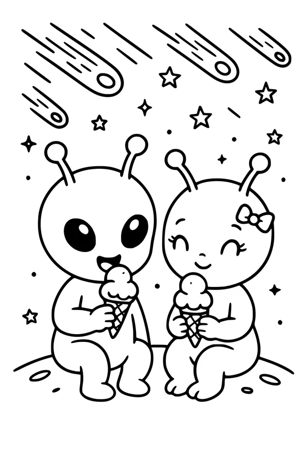 Free Aliens Coloring Page - Space Friends Eating Ice Cream Under Meteor Shower (Printable PDF)