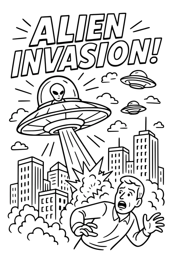 Free Alien UFO Coloring Page - Beaming Over Busy City Skyline (Printable PDF)
