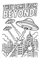 Free UFO Flying Saucers Coloring Page - Retro City Skyline Attack (Printable PDF)