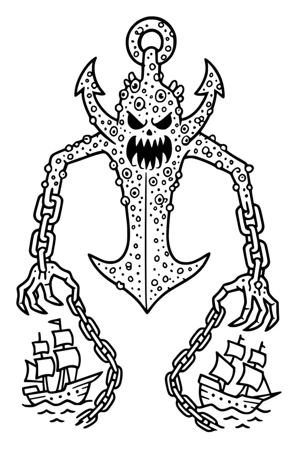 Free Kraken Sea Monster Coloring Page - Anchor Beast Attacking Two Ships (Printable PDF)