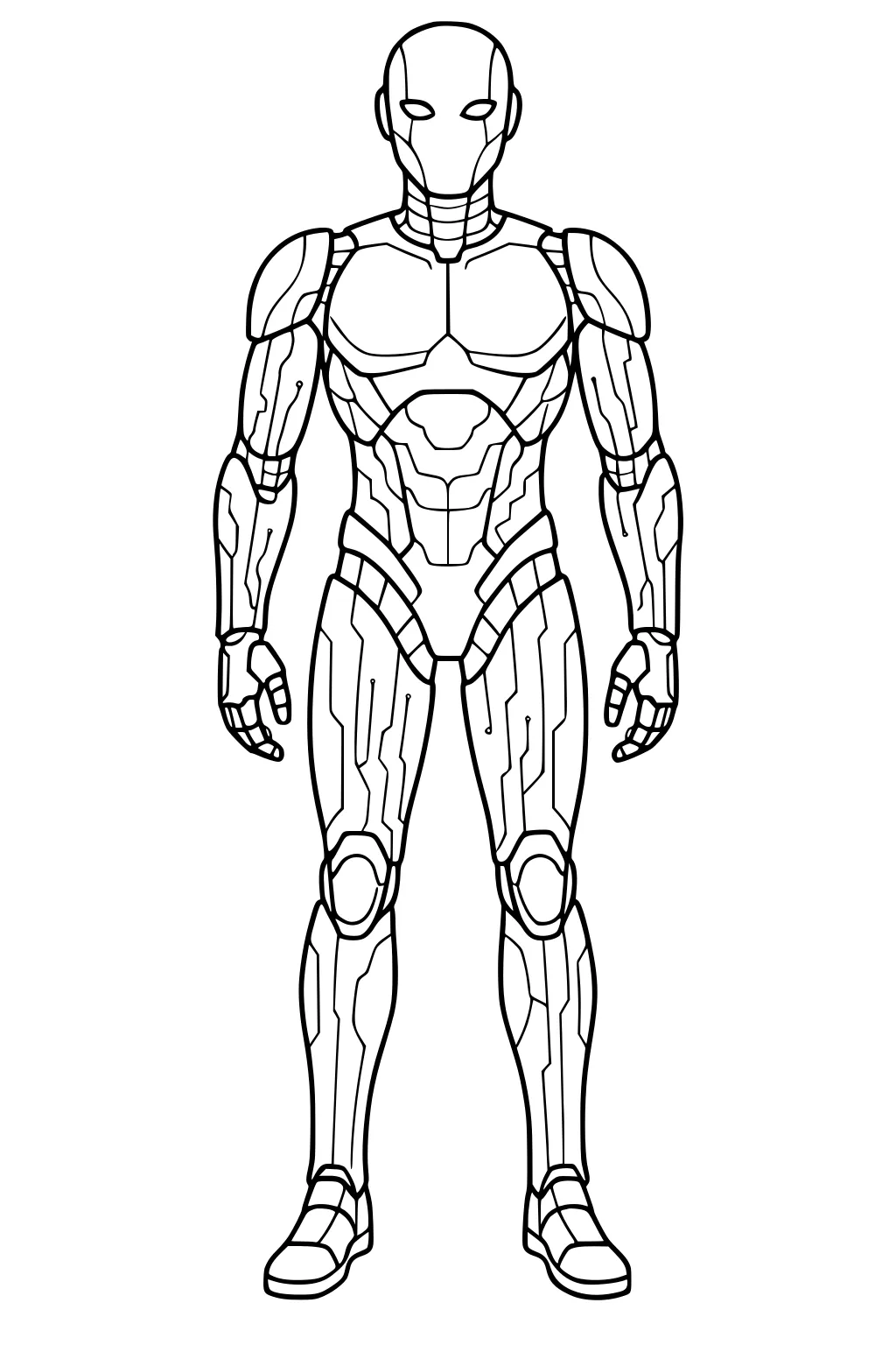 Front view android robot with smooth helmet, armor panels, circuit lines, open hands, knee pads, and boots in outlined black line art.