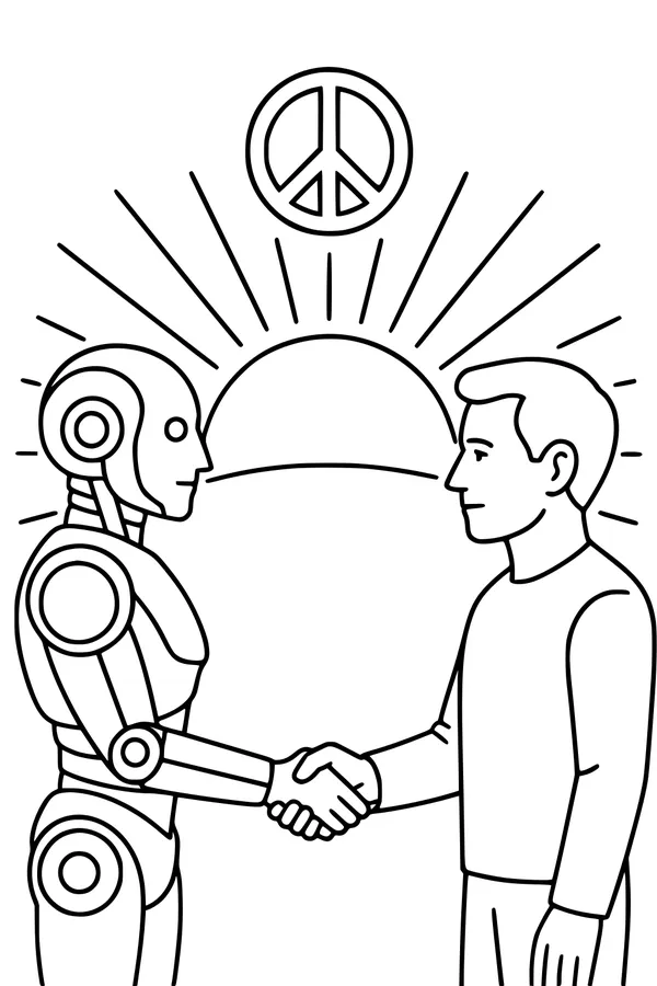 Free Robot And Human Coloring Page - Peaceful Sunrise Handshake (Printable PDF)