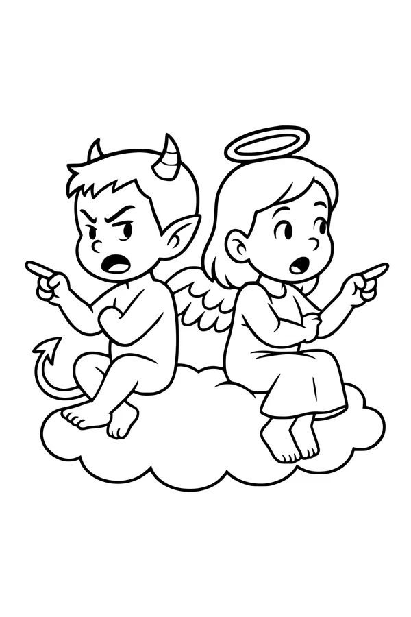 Free Angel and Devil Coloring Page - Halloween Kids on Cloud (Printable PDF)