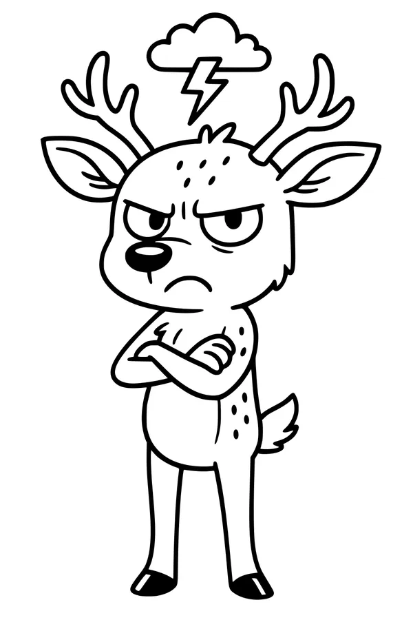 Free Deer Coloring Page - Angry Cartoon Antlered Deer in a Storm (Printable PDF)