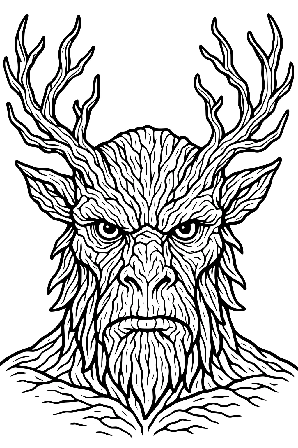 Tree-bark monster face with branching antlers, pointed ears, steady eyes, and a root-like beard in detailed line art.